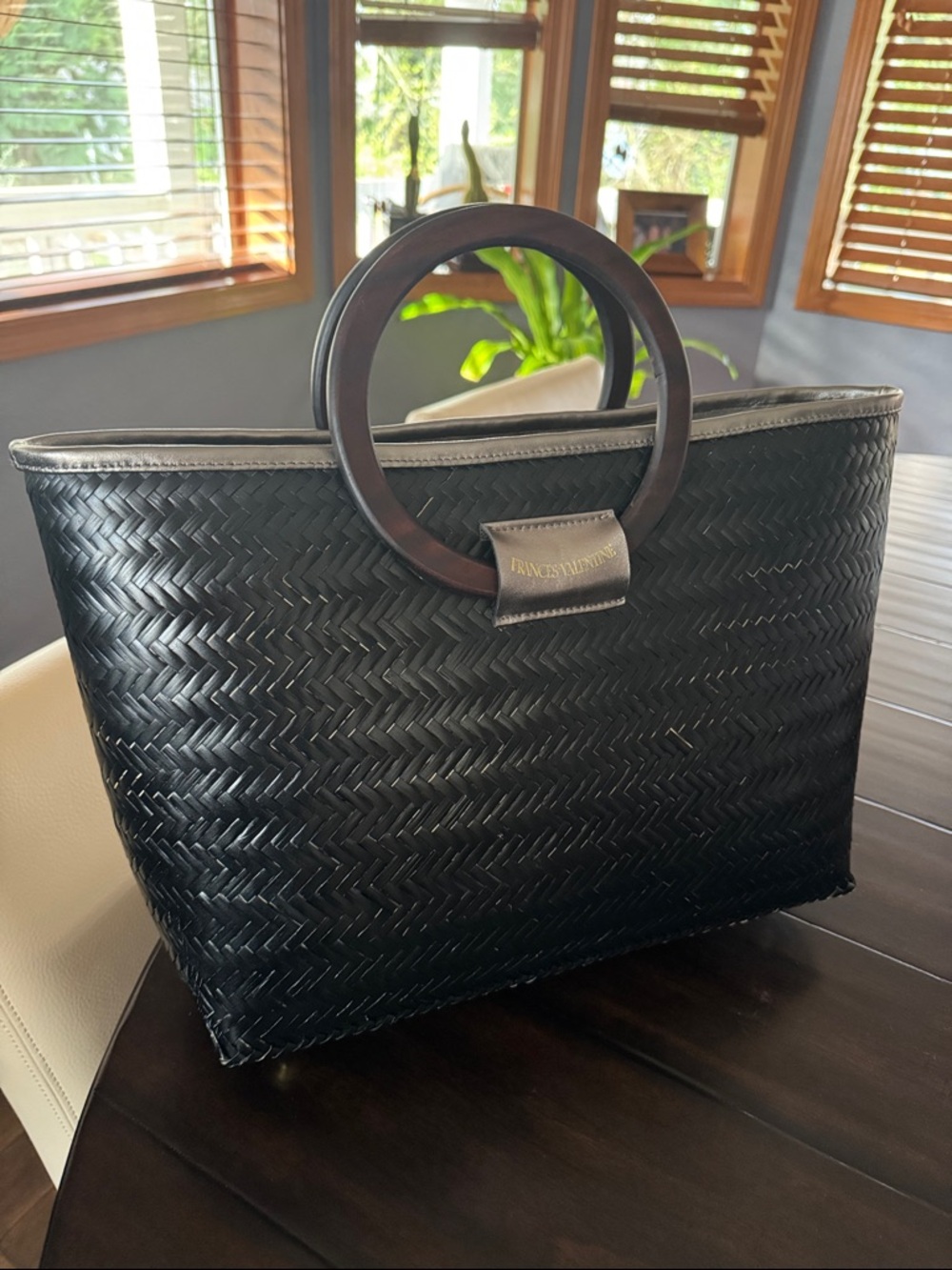 Frances Valentine Black Wicker Tote Bag with Round Handles